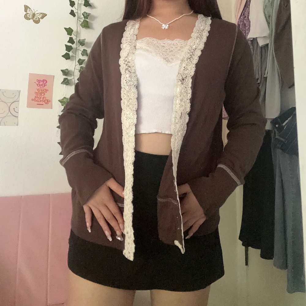 brown lace detailing cardigan